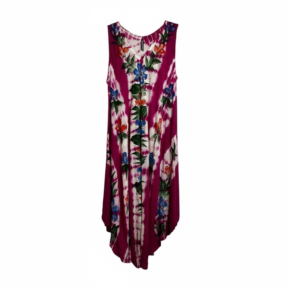 True Rock Women Magenta Tie Dye Floral Sharkbite Midi Dress One Size Boho V-Neck
